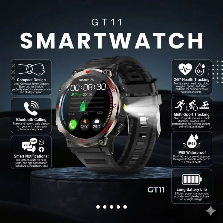 GT11 Round Dial Rugged Smart Watch with Bluetooth Calling