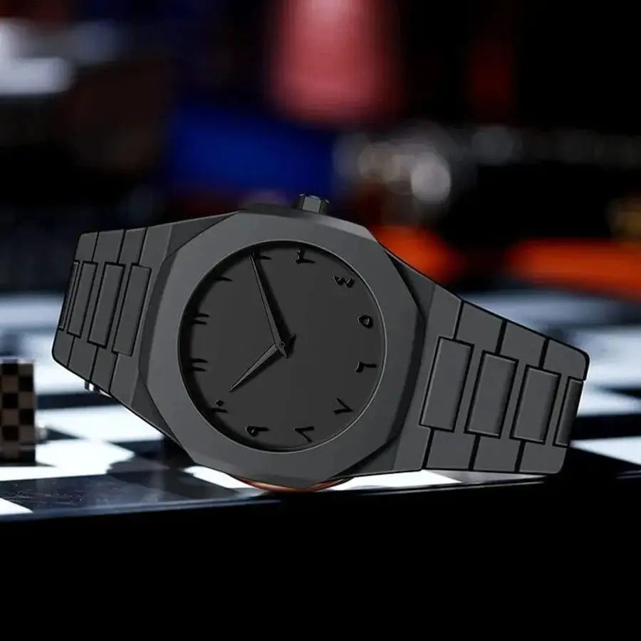 Men's black carbon fiber watch dial close up